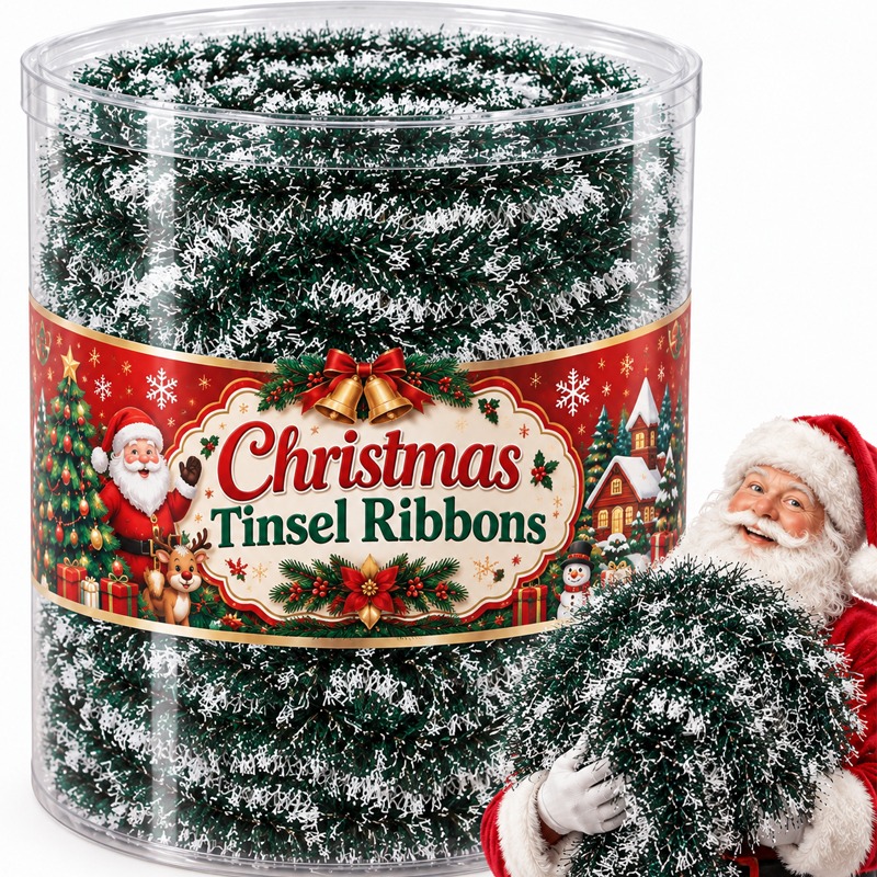 Tinsel Garland Decoration - Świąteczne wstążki z lampek, zielona wstążka,